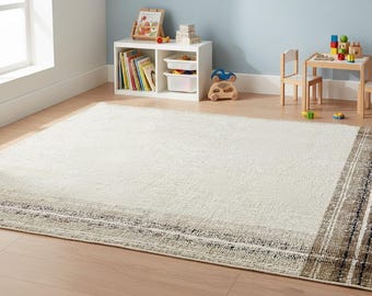 Handmade Beige Wool Hand loomed Area Rug - Boho Kilim with Brown Stripes