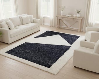 Hand-Knotted Wool Area Rug 8x10: Abstract Geometric Black & White