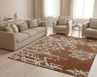 Hand-Knotted Wool Area Rug: Modern Geometric Boho in Terracotta Brown & Ivory