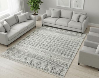 Hand Knotted Area Rug, Bohemian Tribal Design, Gray & White, 5x8 ft