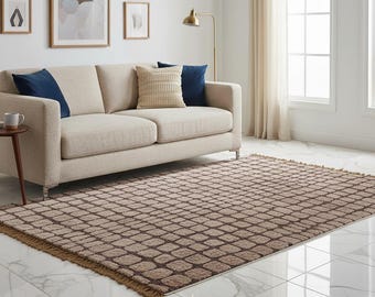 Hand-Knotted New Zealand Wool Area Rug: Earthy Tone Geometric Texture