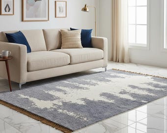 Hand-Knotted New Zealand Wool Area Rug: Abstract Navy Blue and White Tapestry (9x12 ft)