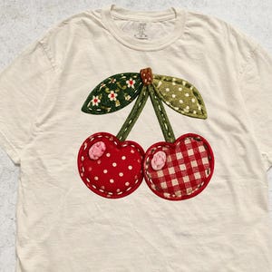 Comfort Colors Patchwork Cherry Shirt, Cute Patchwork Cherry Tee, Handmade Patchwork Berry T Shirt, Trendy Spring Berry T-Shirt