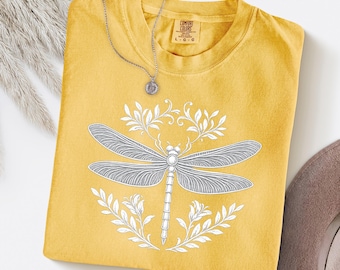 Dragonfly Field Floral T-shirt, Woodland Nature Botanical Tee Shirt, Comfort Colors Dragonfly Tshirt