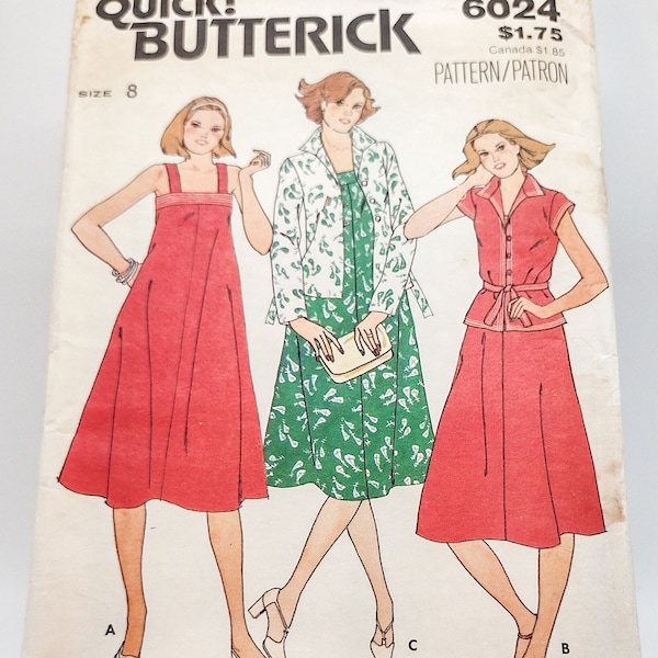 1970s Vintage Midi Sundress and Jacket Sewing Pattern - Butterick 6024 - Size 8