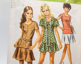 70s Two Piece Dress Top/Miniskirt Sewing Pattern - Simplicity 8780 - Size 12