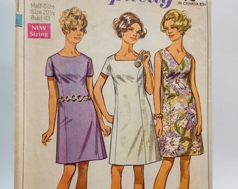 1960s Women's Dress Sewing Pattern - Simplicity 8160 - Plus Size Vintage - Size 20 1/2