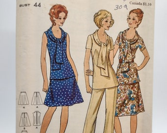 1970s Women's Two-piece Dress or Top and Pants Sewing Pattern - Butterick 6177 - Bust Size 44" - Plus Size Vintage Pattern