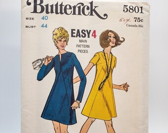 1960s -70s Women's Dress Sewing Pattern - Butterick 5801 - Bust Size 44" - Plus Size Vintage Pattern