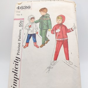 May include: Simplicity sewing pattern number 4636 for a child's ski outfit. The pattern includes a red ski suit with a white trim, a green ski jacket, and a white ski jacket. The pattern is for size 6.