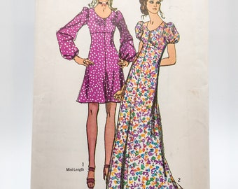 70s Puff Sleeved Maxi or Knee-Length Dress Sewing Pattern - Simplicity 9446 - Size 12