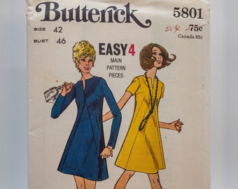 1960s -70s Women's Dress Sewing Pattern - Butterick 5801 - Bust Size 46" - Plus Size Vintage Pattern