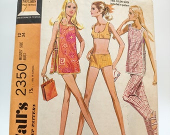 1970s Misses Bikini Swimsuit, Poncho, and Pants Sewing Pattern - McCall's 2350 - Misses Size 12