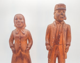 American Folk Art Wooden Carvings Statues - Immigrant Couple Man and Woman - by Swedish- American artist Anna Larkin - 1937