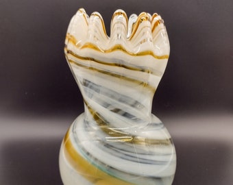 Brown and White Swirled Ruffled Edge Vintage Art Glass Vase