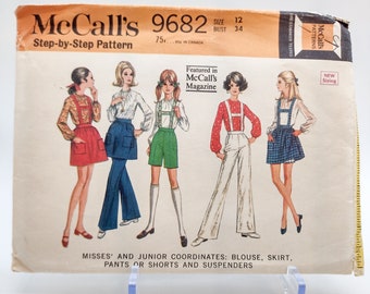 60s Vintage Blouse, Skirt, Shorts, Wide Leg Pants, Suspenders Sewing Pattern - McCall's 9682 - Misses Size 12