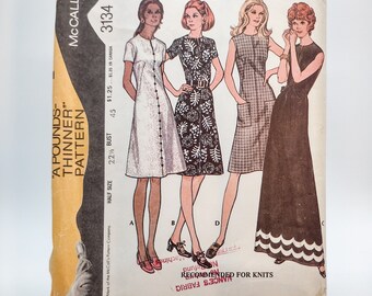 1970s Women's Dress - McCall's 3134 - Plus Size Vintage Pattern - Women's Size 22 1/2