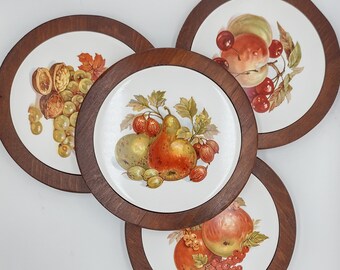 Vintage 80s Fruit Trivet Set - 4 Ceramic and Wood Trivets with holding tray