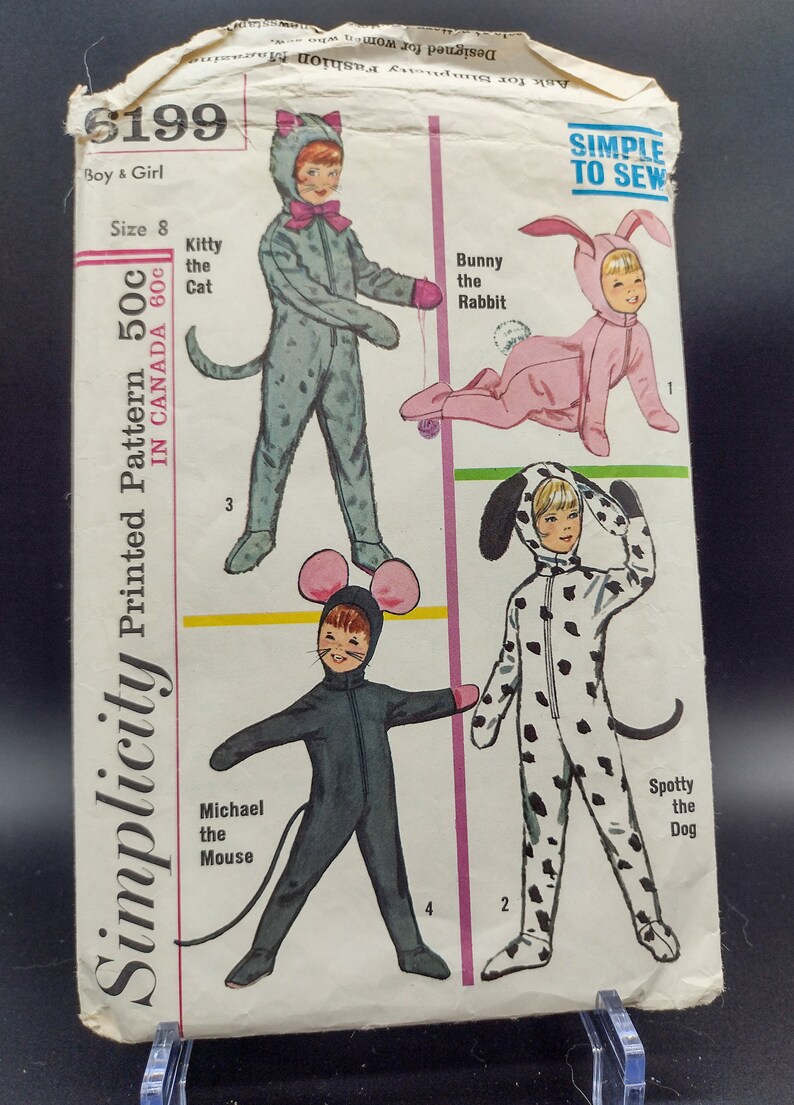 1960s Children's Onesie Costumes Kitty Bunny Mouse Dog Simplicity 6199 Child's Size 8 image 1