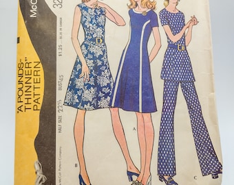 70s Princess Seamed Dress or Tunic and Pants Sewing Pattern - McCall's 3243 - Plus Size Vintage Pattern - Size 22 1/2 Bust 45"