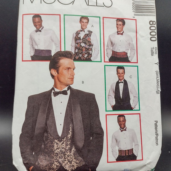 1990s Men's Tuxedo Vest, Bow Tie, and Cummerbund Sewing Pattern - McCall's 8000 - Size Small-Large