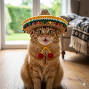 Fiesta Pet Sombrero Crochet Pattern – Adjustable Dog & Cat Hat with Ear Holes, Pom-Poms, Chin Strap | Cinco de Mayo Pet Costume PDF