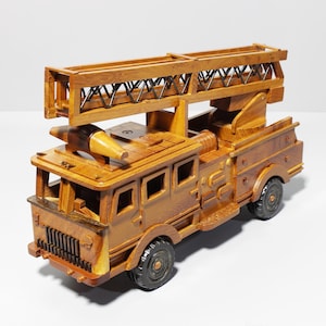 Handcrafted Wooden Fire Truck Model – 17.5” Ladder Truck – Fire Engine Collectible – Firefighter Gift – Rustic Home Office Décor