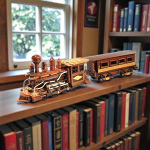 Könnte beinhalten: Ein hölzernes Modelleisenbahn-Set mit Lokomotive und Personenwagen. Der Zug ist braun mit goldenen und weißen Akzenten und steht auf einem Holzregal vor einem Fenster und einem Bücherregal voller Bücher.
