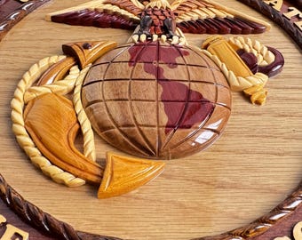 Hand Carved USMC Wooden Plaque: Military Wall Decor, Mahogany, 12