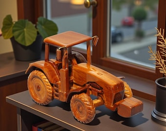 Handmade Mahogany Tractor Model: Wooden Farm Vehicle Decor