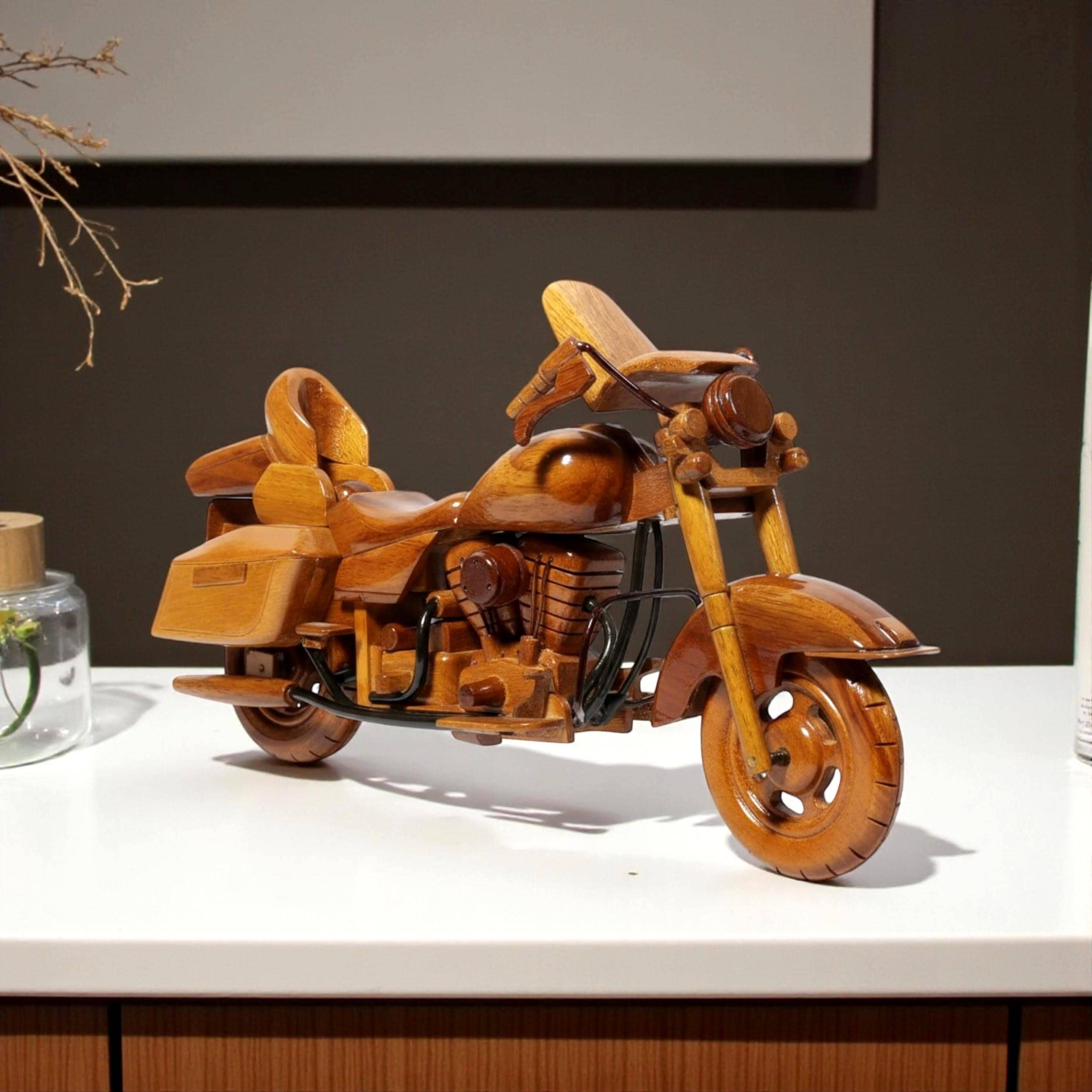 H. D Windshield Cruiser Motorcycle Handcrafted Wooden Model - Mahogany Display Bike