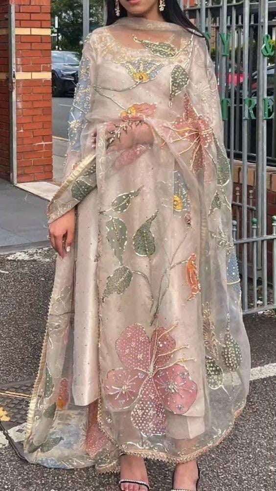 Elegant Hand Embroidered Floral Organza Suit | Beige 3 Piece Dress | Wedding Guest Wear | Pakistani Formal Dress | Party Wear Ethnic Outfit