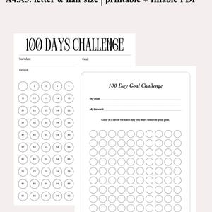 Rastreador de retos de 100 días imprimible (A4, A5, tamaño carta, media página), planificador de objetivos, rastreador de hábitos, PDF, descarga instantánea, cuadro motivacional