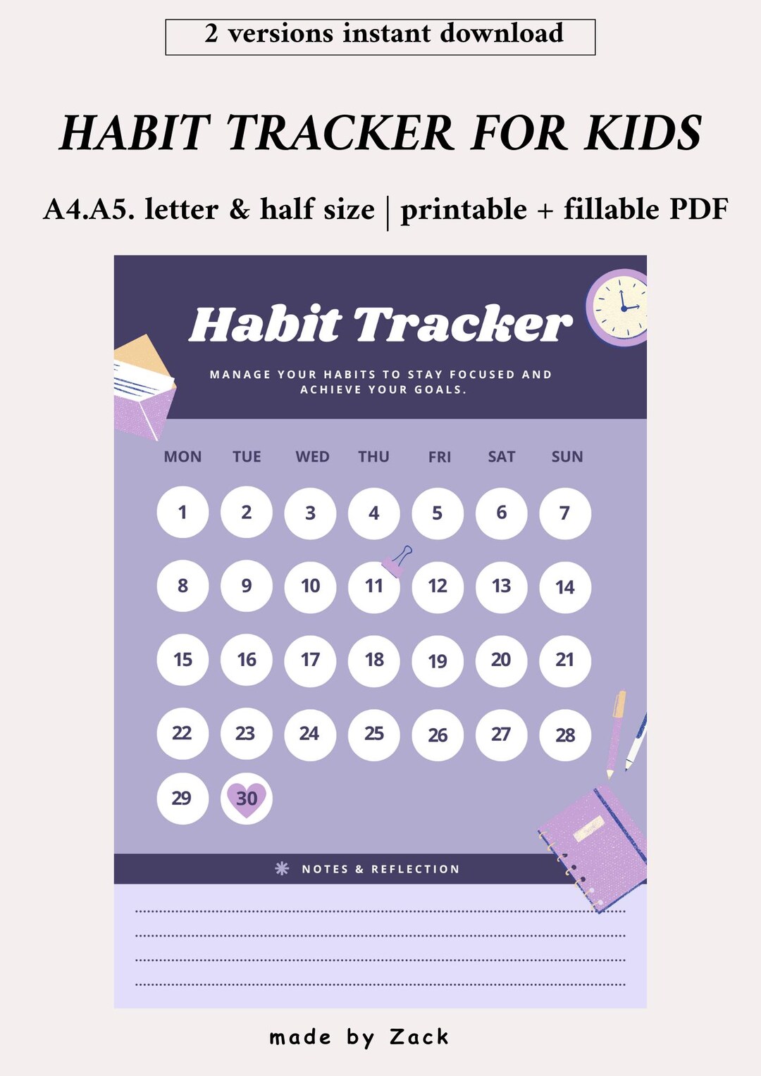 Kids Habit Tracker Printable A4 A5 Letter Half Size Daily Routine Chart ...