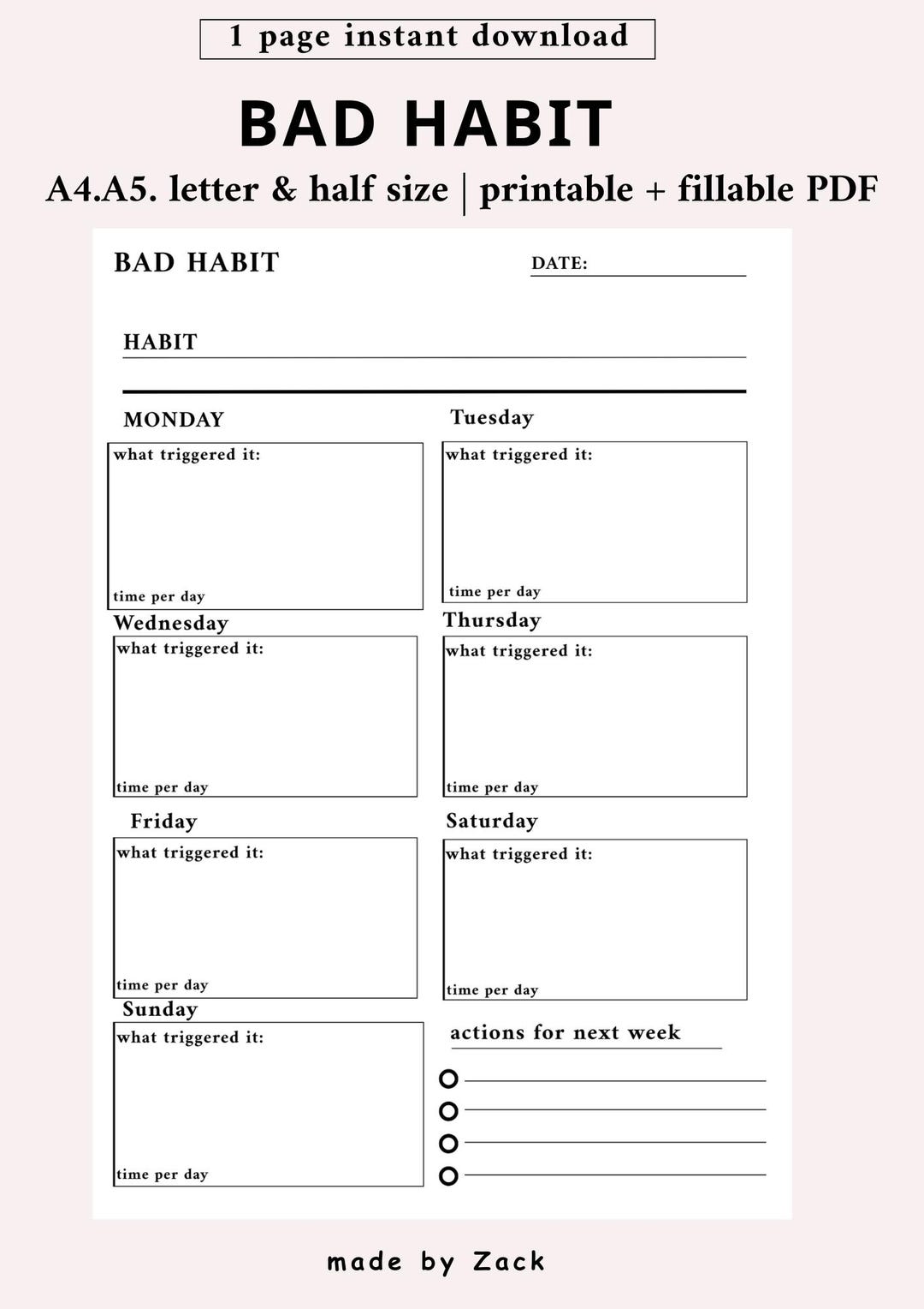 Work Tracker Bad Printable Bad Habit Tracker Daily Weekly Undated PDF in A4 A5 Letter ...