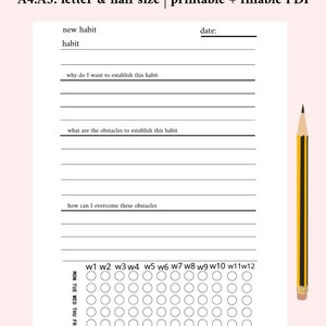 Planificador imprimible de nuevos hábitos, diario, semanal y mensual (PDF, tamaño carta, A4, A5, plantilla minimalista).