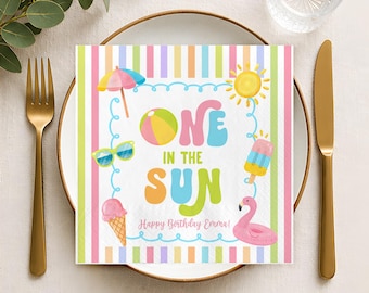 One in the Sun Birthday Napkins, Custom Summer Pool Party Decor, Pastel Beach Theme, Retro Flamingo Personalized Napkin Favors