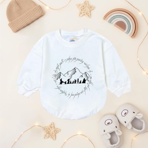 Fellowship Mountain Baby Romper White Infant Sweatshirt Elvish Script Graphic Bubble Romper Baby Shower Birthday Coming Home Gift Outfit