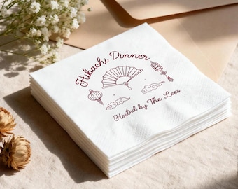 Hibachi Dinner Napkins, Custom Asian Dinner Party Decor, Japanese Fan Lantern Cocktail Napkin, Sushi Night Favors, Personalized