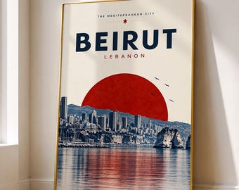 Beirut Lebanon Travel Poster, Raouche Rocks, Mediterranean City Art (Digital Download)