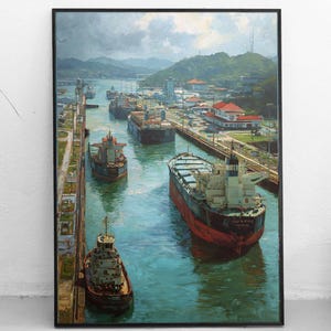 May include: A framed painting showing a busy harbour scene with several cargo ships and tugboats in a canal. The artwork uses blues, greens, and browns, capturing the industrial and maritime theme. The painting is displayed on a white wall.