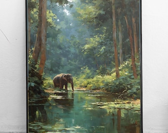 Impresión artística de elefante de Kerala, descarga digital de fauna de la selva india, decoración de pared de bosque sereno, pintura al óleo imprimible de naturaleza tropical