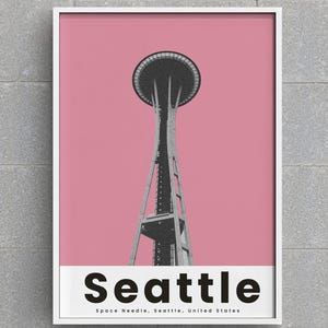 Impresión de la Aguja Espacial de Seattle / Arte mural retro rosa / Póster de Seattle / Decoración moderna de mediados de siglo / Impresión de viaje digital