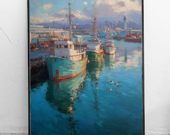 Valdez Alaska Fishing Harbor Print, Coastal Boat Art, Alaskan Landscape Painting, Nautical Wall Decor, Digital Download