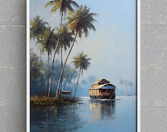 Kerala Backwaters Print | India Houseboat Wall Art, Tropical Palm Trees Painting | Tranquil Landscape Travel Poster | Digital Download