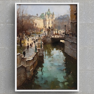 Vienna Austria Digital Art Print, European Cityscape Painting, Printable Grand Architecture Wall Art, Canal Scene, Travel Decor