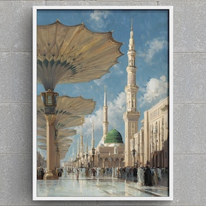May include: A framed print of a detailed cityscape featuring a mosque with a green dome and tall minarets. Large, ornate umbrellas provide shade over a walkway filled with people. The sky is blue with fluffy clouds.