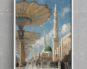 Dipinto di Al-Masjid an-Nabawi / Arte della moschea del profeta di Medina, scena di pellegrinaggio islamico / Stampa del minareto a cupola verde / Download digitale