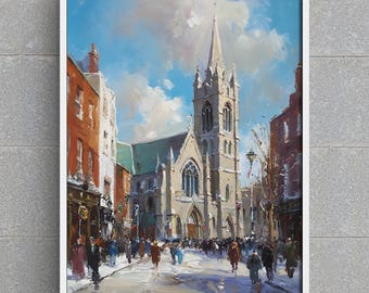 Dublin St. Patrick's Cathedral Art Print, Irish Cityscape Painting, Historic Street Scene, Digital Download Wall Art