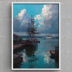 Historic Harbor Digital Art Print, Tall Ships Painting, Waterfront Cityscape, Printable Nautical Wall Art, Maritime Home Decor